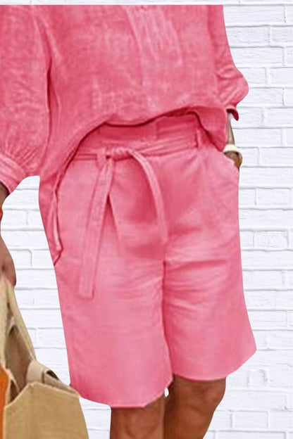 Plus Size Johnny Collar Top & Shorts Set for Women | 3/4 Sleeve Casual Matching Outfit | Comfortable Loungewear & Summer Set