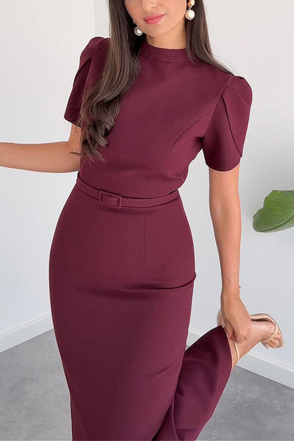 Mockneck Puff Short Sleeves Back Slit Midi Dress