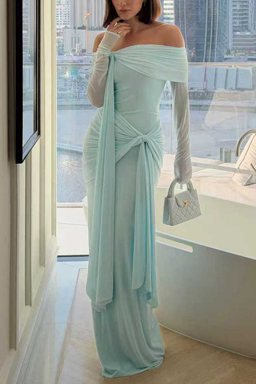 Off Shoulder Long Sleeves Knot Waist Draped Maxi Dress