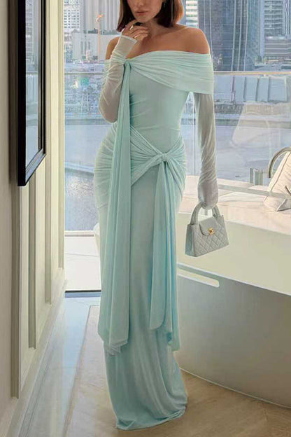 Off Shoulder Long Sleeves Knot Waist Draped Maxi Dress