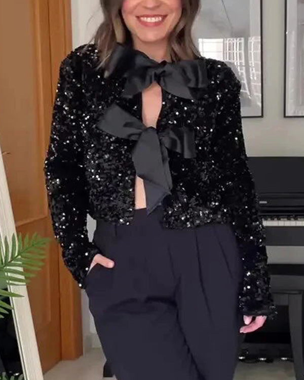 Clidress Sequin Bowknot Close 2 Way Style Jacket