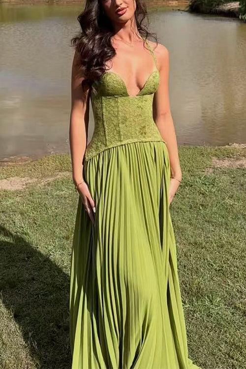 Halter Neck Back Lace-up Pleated Maxi Dress