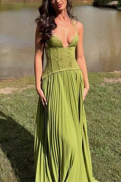 Halter Neck Back Lace-up Pleated Maxi Dress
