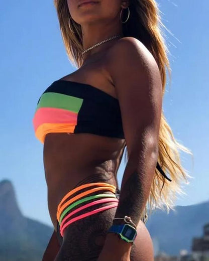Clidress Neon Rainbow Stripes Two Piece Bikini Set