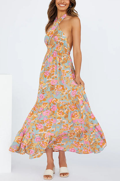 Criss Cross Halter Backless Cut Out Slit Floral Maxi Dress