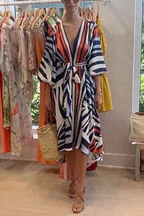 V Neck Lantern Sleeve Tie Waist Printed Irregular Swing Dress