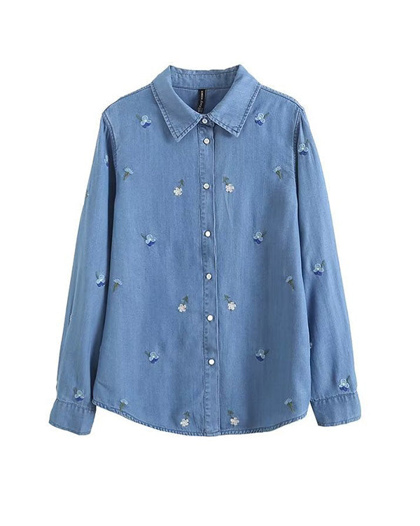 Clidress Embroidered Flower Denim Shirt