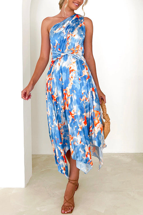 One Shoulder Twist Front Printed Irregular Dress