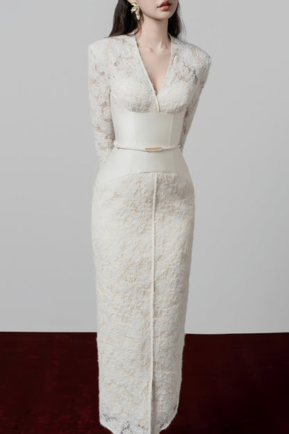 Oona White Floral Lace Pencil Midi Dress