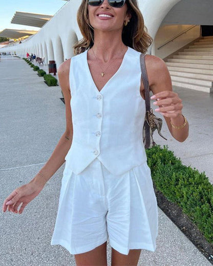 Clidress V Neck Buttons Vest & Shorts Set
