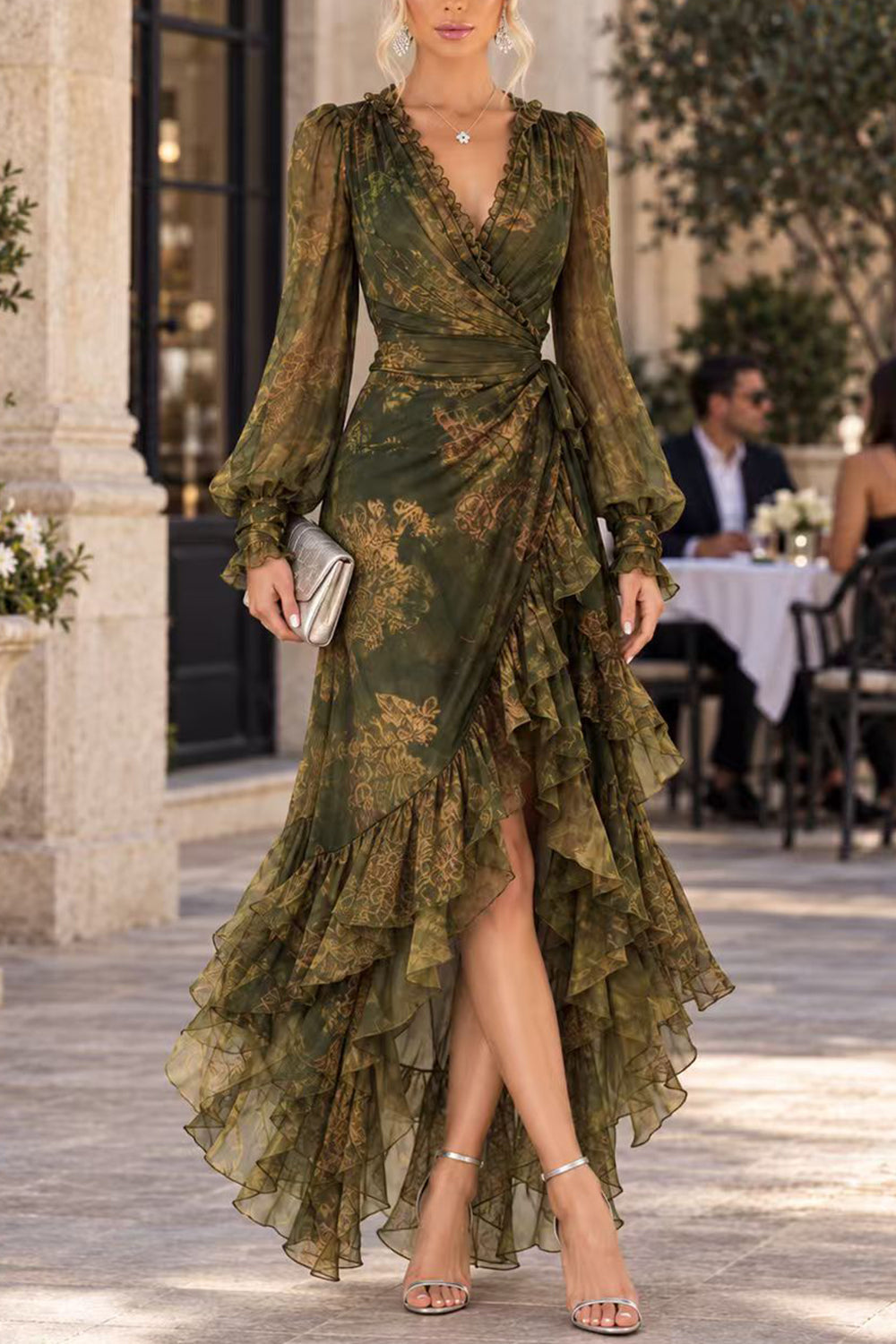 V Neck Long Sleeves Printed Wraped Ruffle Maxi Dress