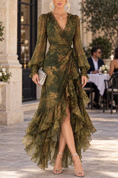 V Neck Long Sleeves Printed Wraped Ruffle Maxi Dress