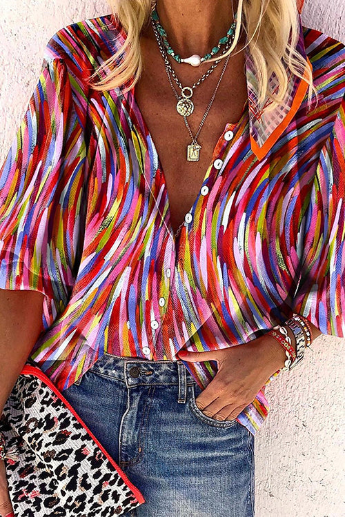 V Neck Button Down Contrast Print Blouse Shirt Pink