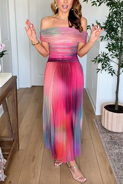 Off Shoulder Sunset Gradient Pleated Maxi Dress