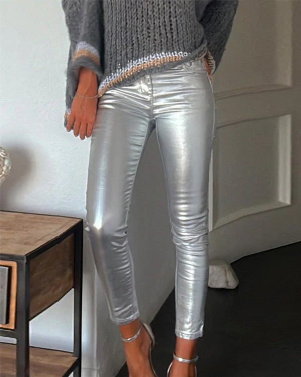 Clidress Metallic Skinny PU Leggings Pants