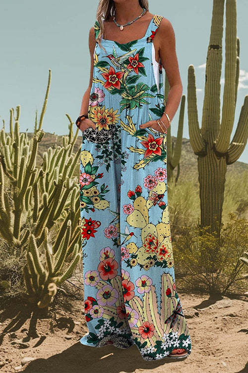 Floral Print Wide Leg Loose Overalls Blue