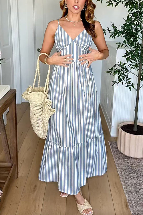 Spaghetti Strap V Neck Striped Ruffle Hem Maxi Dress