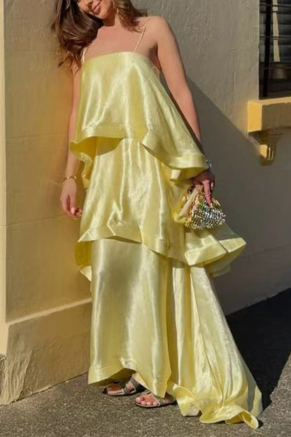 Adjustable Strap Ruffle Layered Satin Maxi Dress