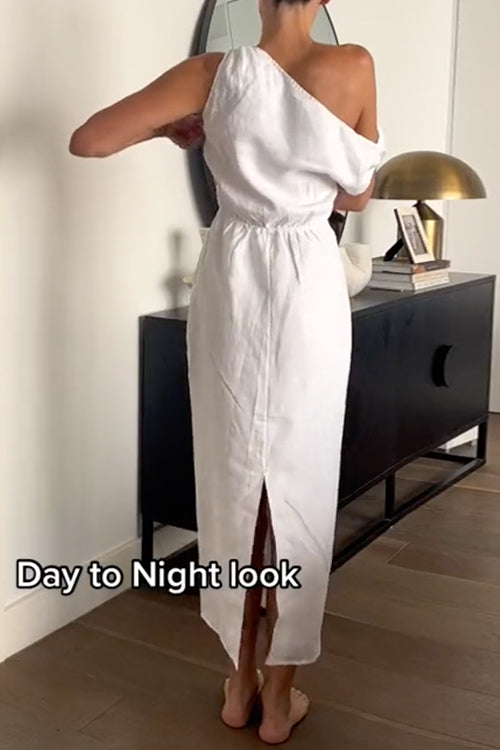 Asymmetric Shoulder Back Slit Cotton Linen Maxi Dress