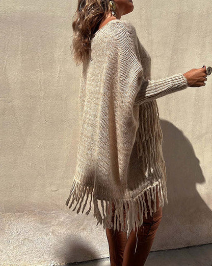 Clidress Oversized Tassel Poncho Sweater