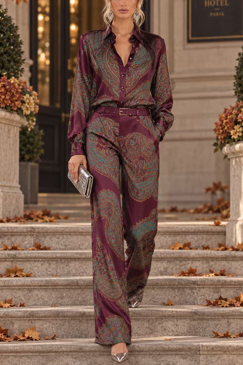 Lapel Long Sleeves Shirt High Rise Pocketed Straight Leg Pants Paisley Print Set (C)