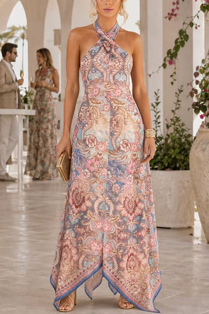 Halter Neck Open Back Floral Print Maxi Dress