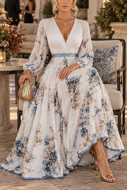 V Neck Lantern Long Sleeves Floral Print Pleated Maxi Dress (B)