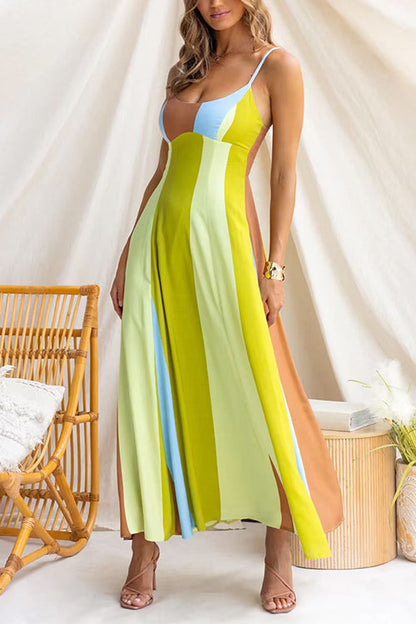 Adjustable Strap Striped Color Block Pocketed Maxi Dress