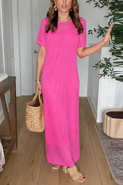 Crewneck Hollow Out Maxi Vacation Dress with Detachable Liner