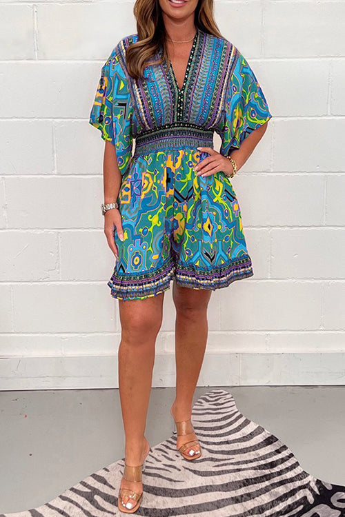 V Neck High Waist Wide Leg Printed Ruffle Romper Blue