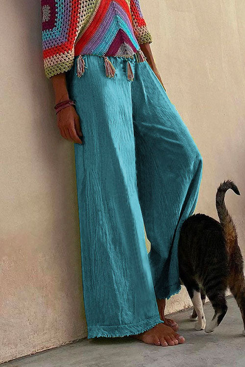 Solid Raw Hem Wide Leg Casual Pants Blue