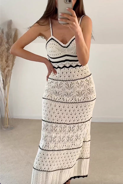 V Neck Crochet Hollow Out Color Block Knitting Maxi Cami Dress