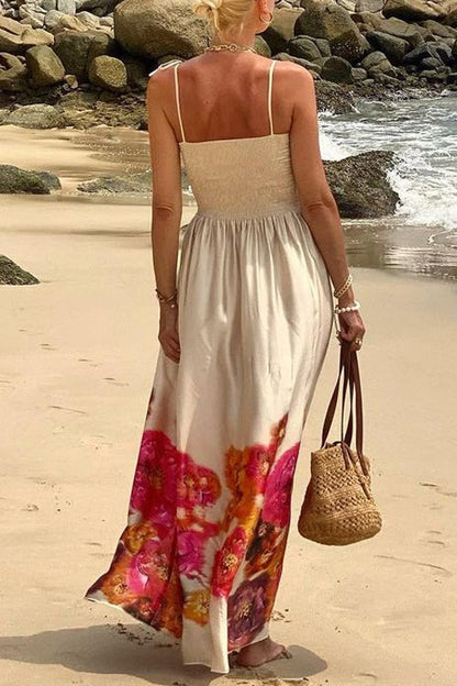 Bow Shoulder Smocked Floral Print Cami Maxi Vacation Dress