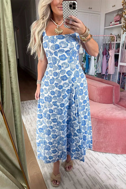 Square Neck Sleeveless Shell Print Pocketed Midi Dress