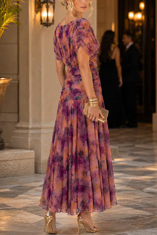 V Neck Short Sleeves Floral Print Maxi Dress