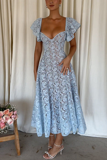 V Neck Flare Sleeves Floral Lace Midi Dress