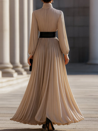 Pleated High-Neck Maxi Dress