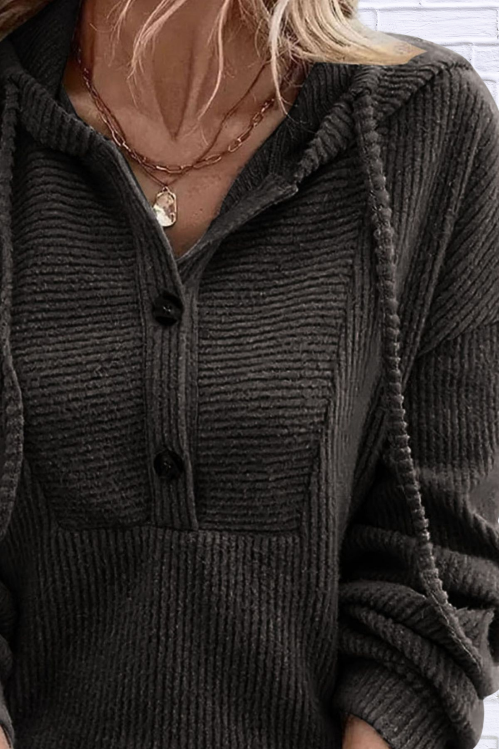 Button-Front Drawstring Hoodie