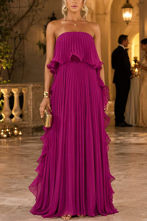 Strapless Tube Ruffle Hem Pleated Maxi Dress