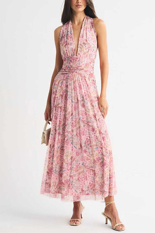 Halter V Neck Floral Print Maxi Dress