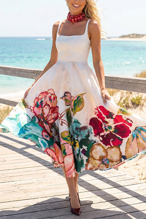 Square Neck Sleeveless Floral Print Midi Dress
