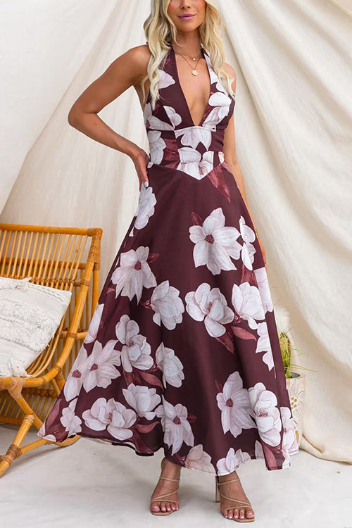 Halter V Neck Back Lace-up Floral Print Maxi Dress