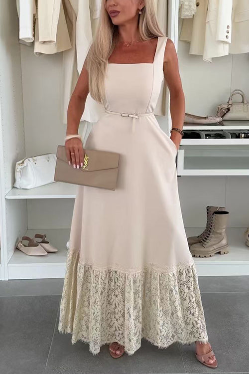 Square Neck Sleeveless Lace Splice Maxi Dress