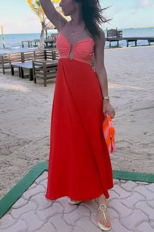 Spaghetti Strap Color Block Zipper Back Maxi Dress