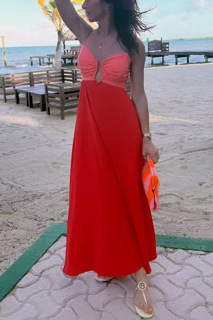 Spaghetti Strap Color Block Zipper Back Maxi Dress