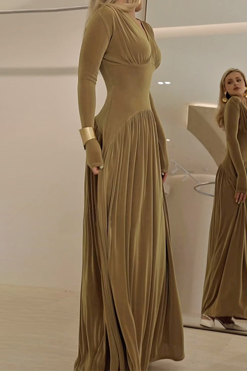 V Neck Long Sleeves Waisted Velvet Maxi Dress