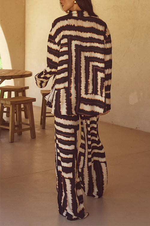 Printed Notch Lapel Button Down Shirt Drawstring Waist Wide Leg Pants