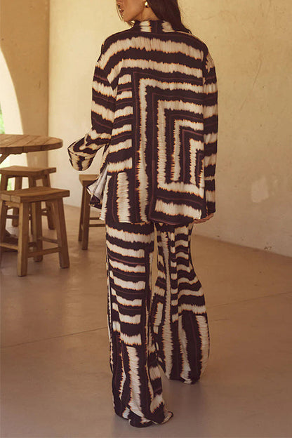 Printed Notch Lapel Button Down Shirt Drawstring Waist Wide Leg Pants