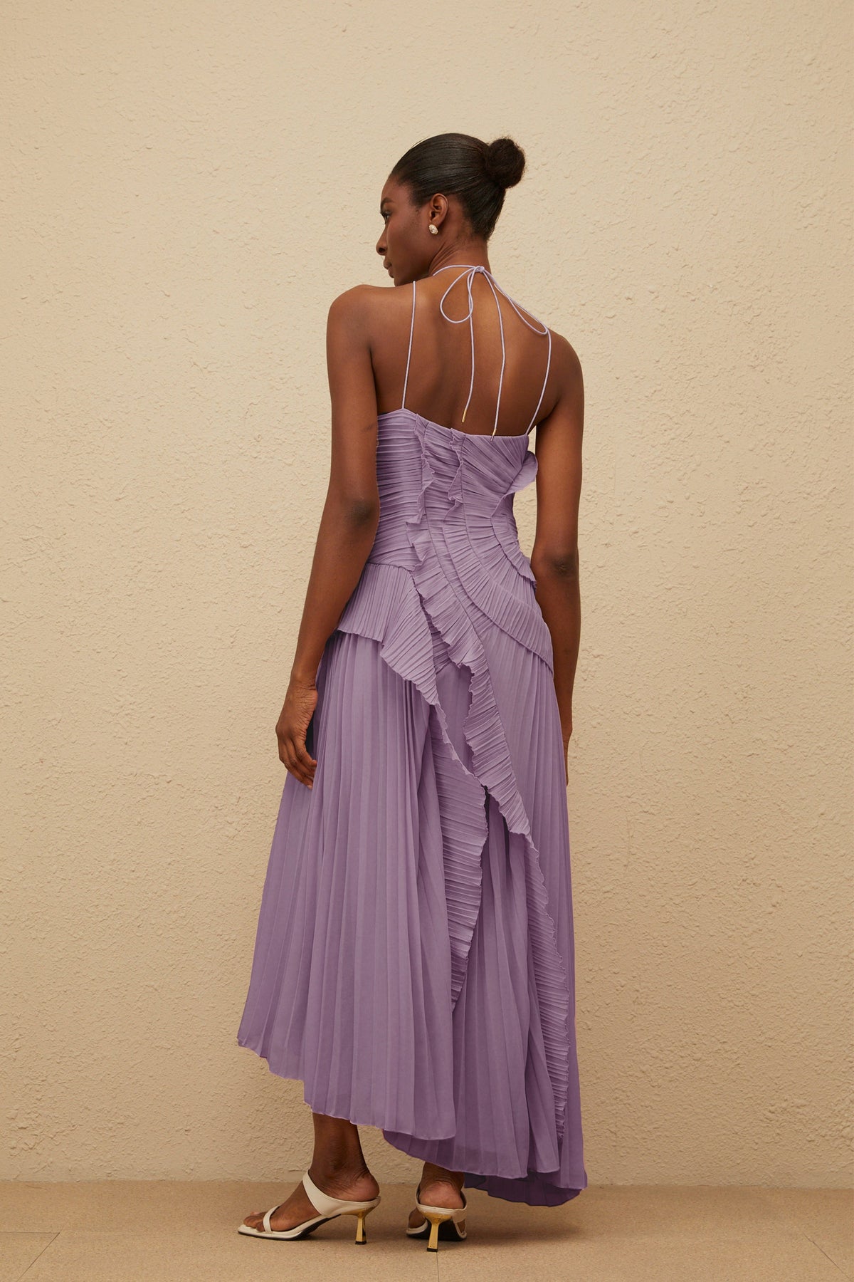 Doux Purple Ruffled Trim Pleated Midi Dress