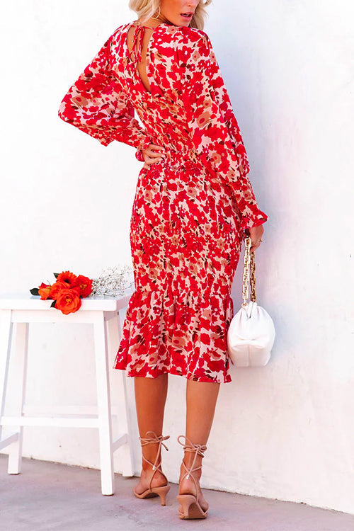 V Neck Long Sleeves Dress Printed Mermaid Midi Dress